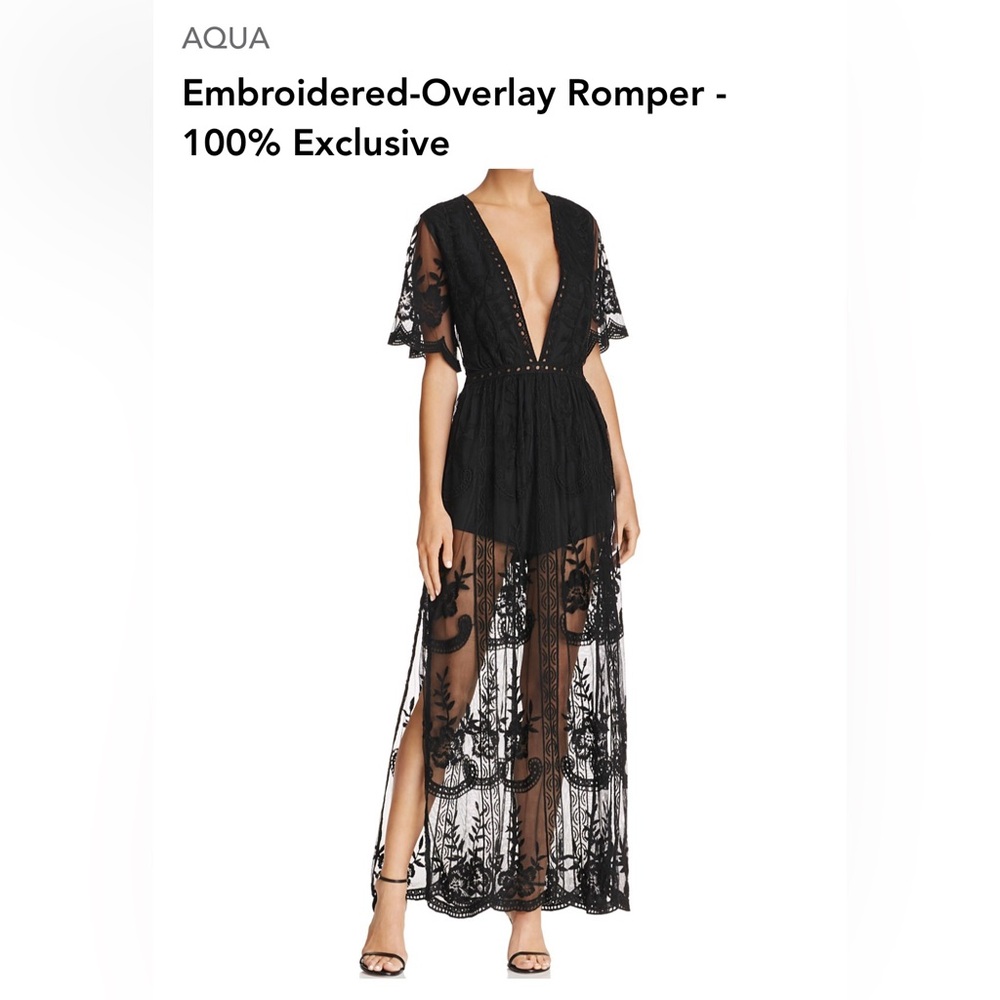Aqua Embroidered-Overlay Romper with plunging neckline